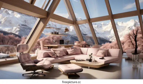 Modern house with large glass windows and pink furniture