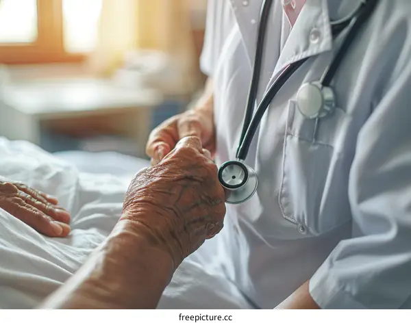 A doctor is holding the hand of a patient in a hospital bed to comfort the patient.