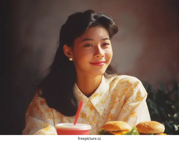 Young Asian Woman Enjoying Food at a Cafe