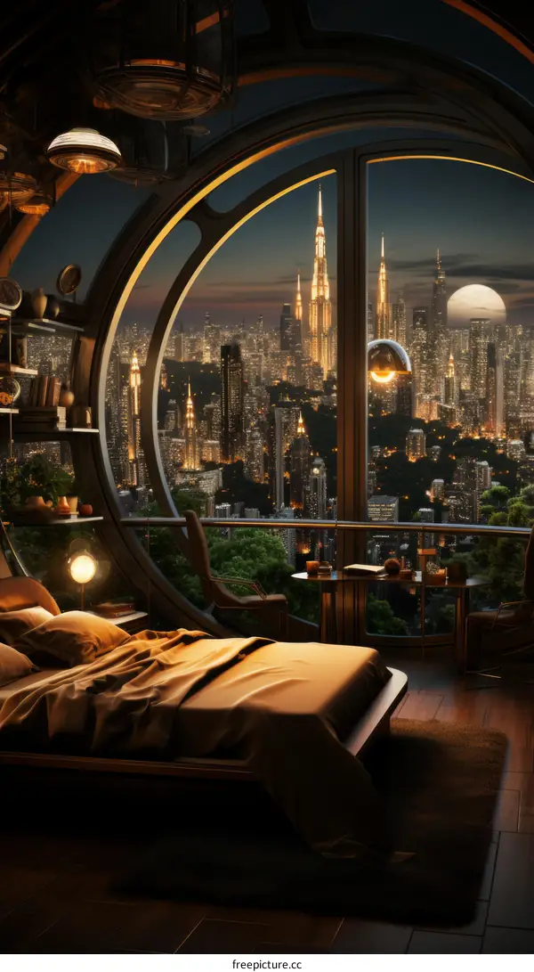 Futuristic bedroom with a view of the city at night