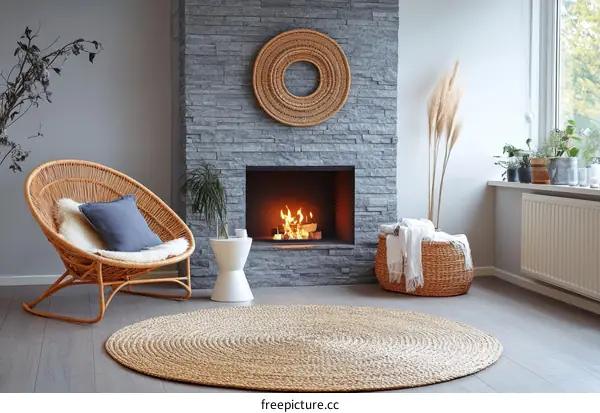 Cozy Modern Living Room with Woven Furniture and Fireplace