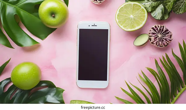 Flat Lay Photography of Green Leaves, Fruits, and a Smartphone on Pink Background