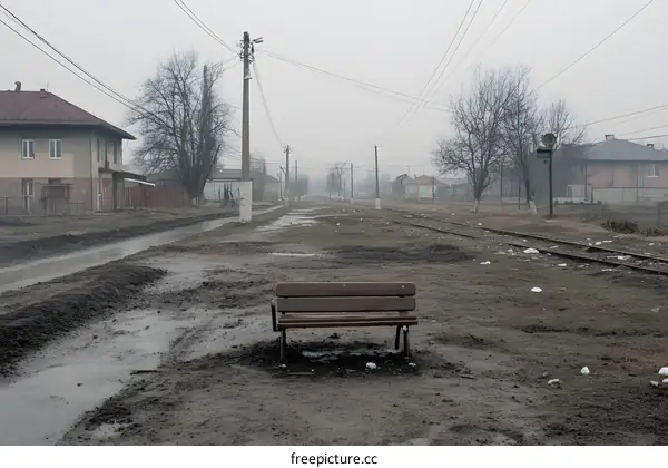 Wooden Bench on a Rainy Day Along the Railroad Tracks in a Rural Village
