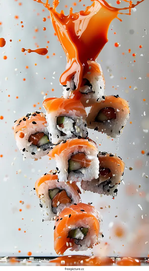 A photo of sushi falling with orange liquid