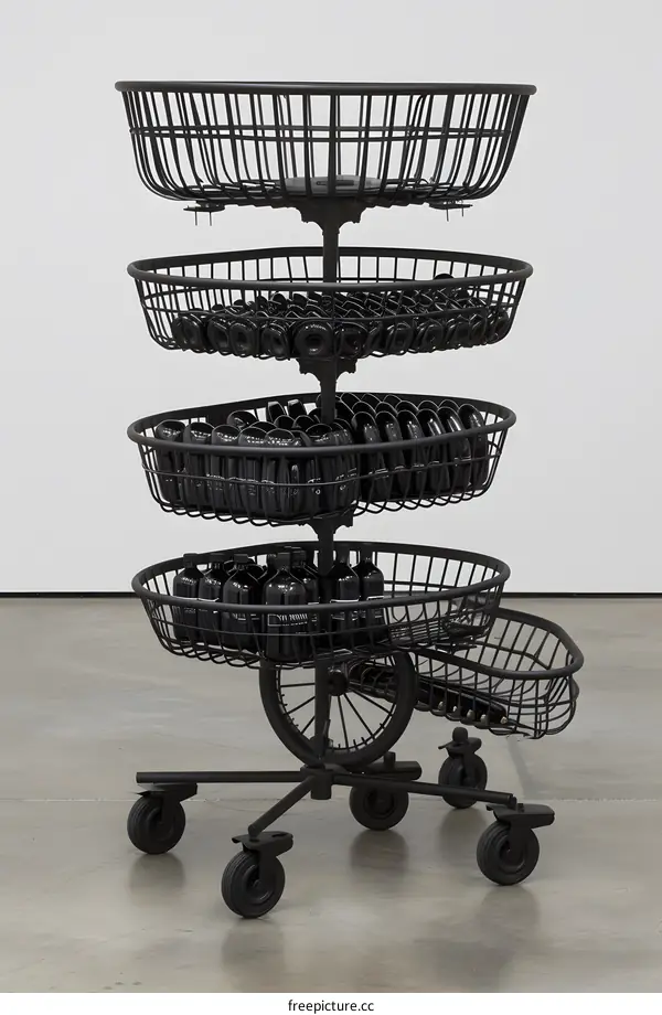 Black Metal Cart with Multiple Baskets Filled with Objects