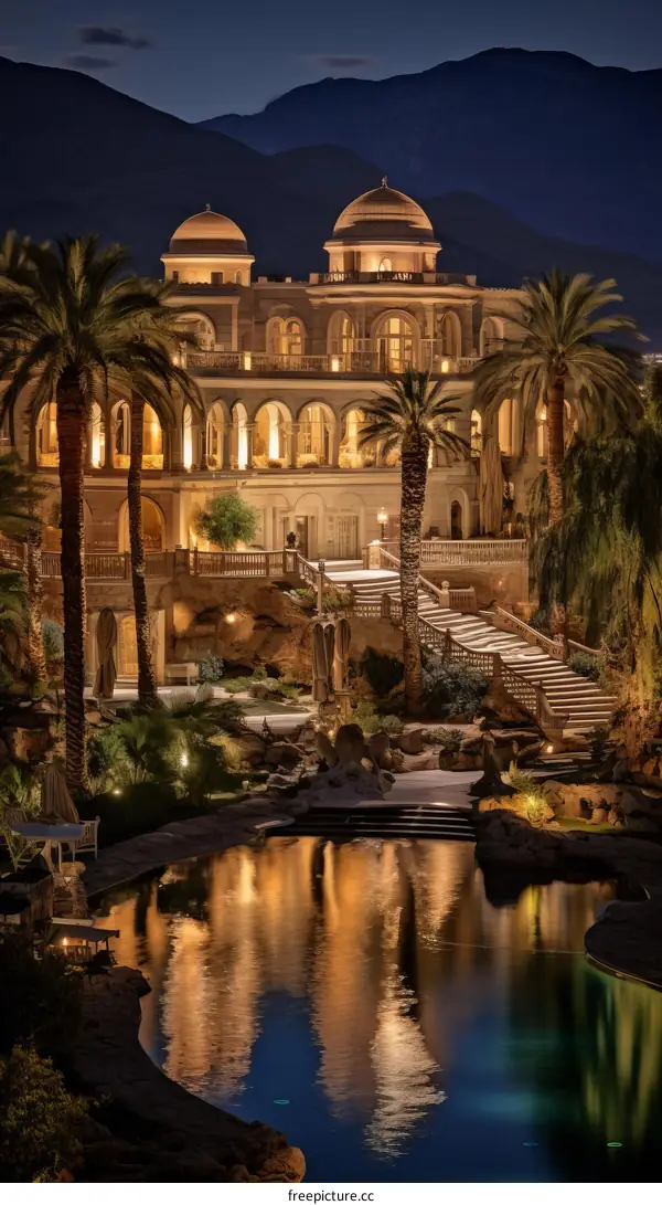 Luxury Mansion with Swimming Pool and Palm Trees at Night