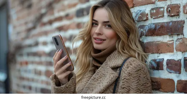 Blonde woman smiling while texting on her phone