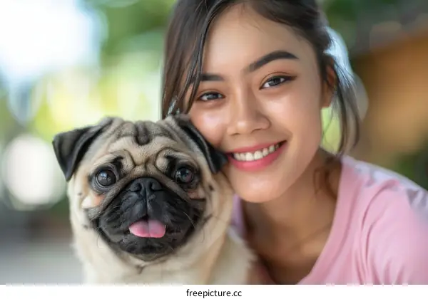 pug smiling with a happy woman