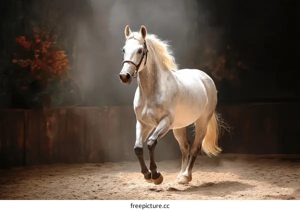 Elegant White Horse in Equestrian Arena