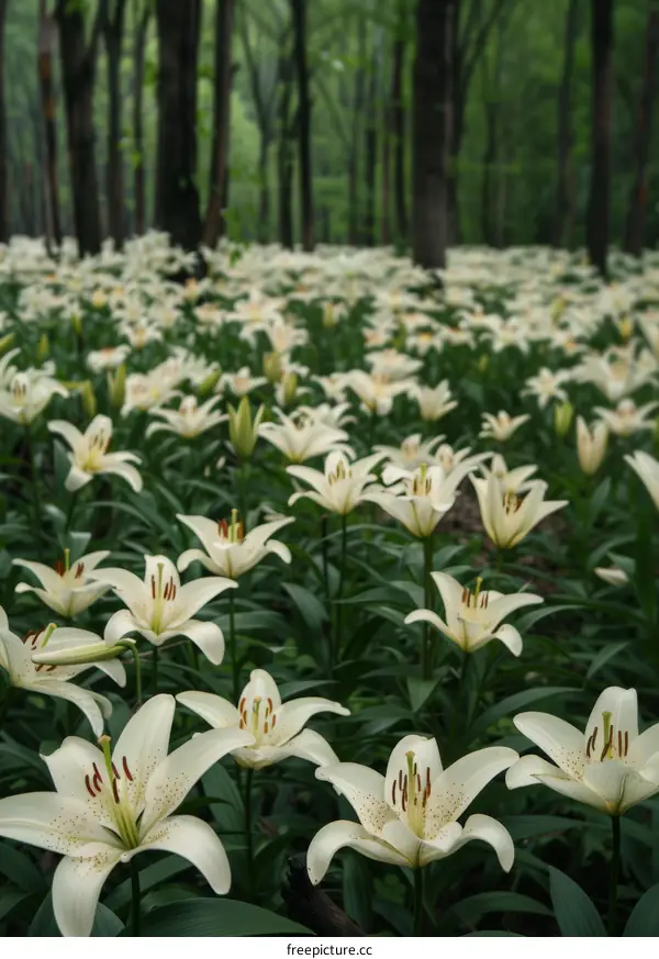 White Lilies Blooming in a Lush Green Forest