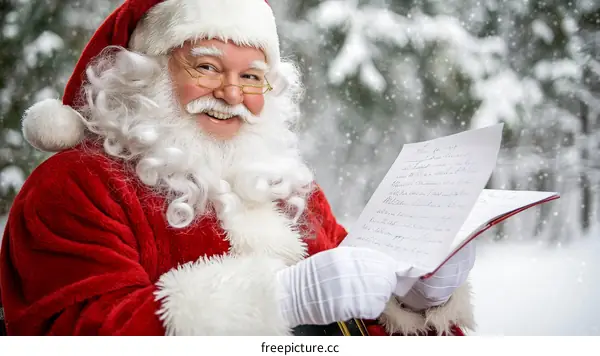 Santa Claus Reading Christmas Letters in Snowy Forest