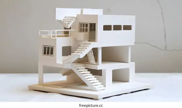 White Model House with Stairs and Windows