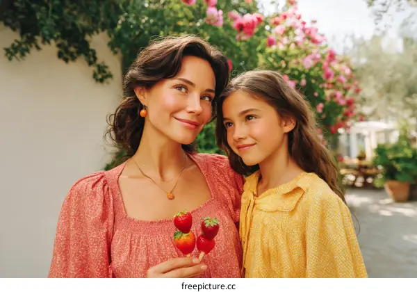 Mother and Daughter Enjoying Strawberries Outdoors