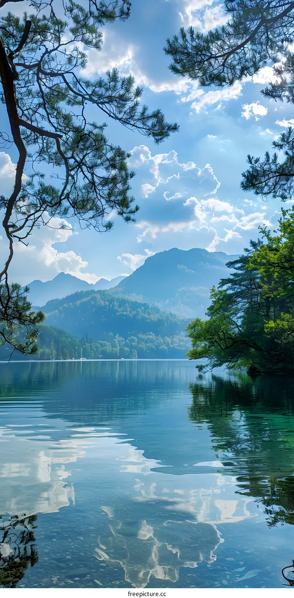 Tranquil Mountain Lake With Clear Blue Water And Clouds Reflecting On The Surface