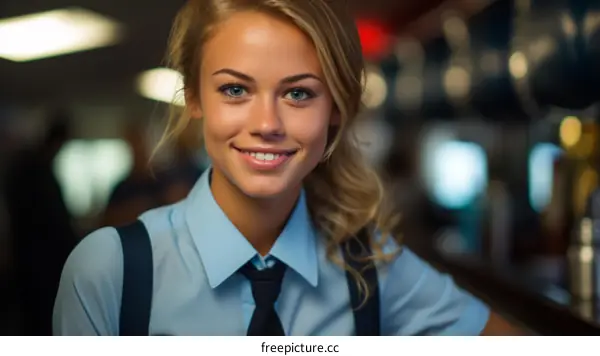 Portrait of a smiling young woman with blonde hair and blue eyes wearing a blue shirt and tie