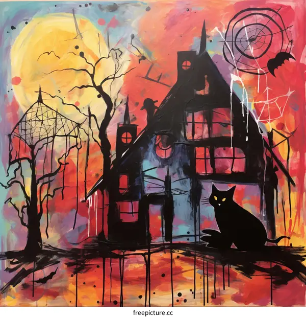 Black Cat in Front of Haunted House with Spooky Moon