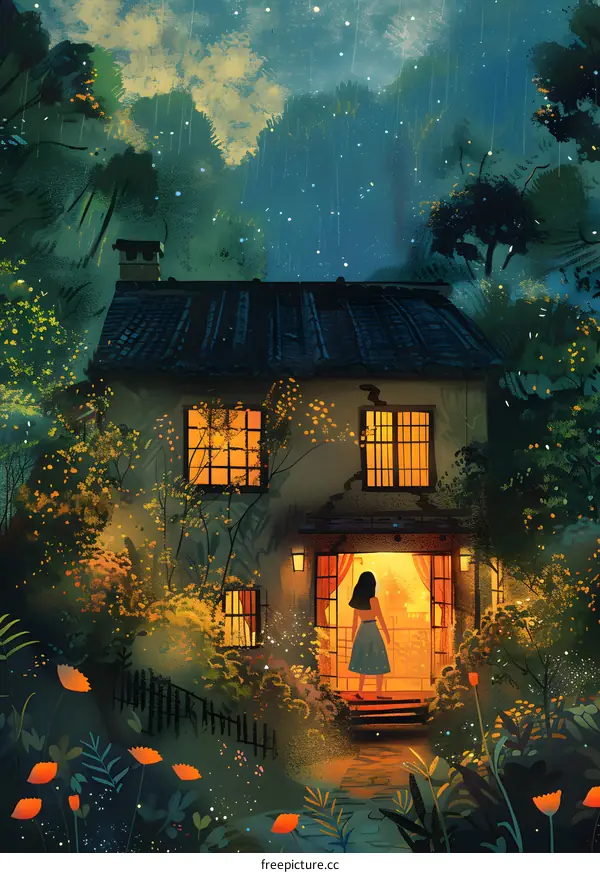 girl standing in front of a house in the rain