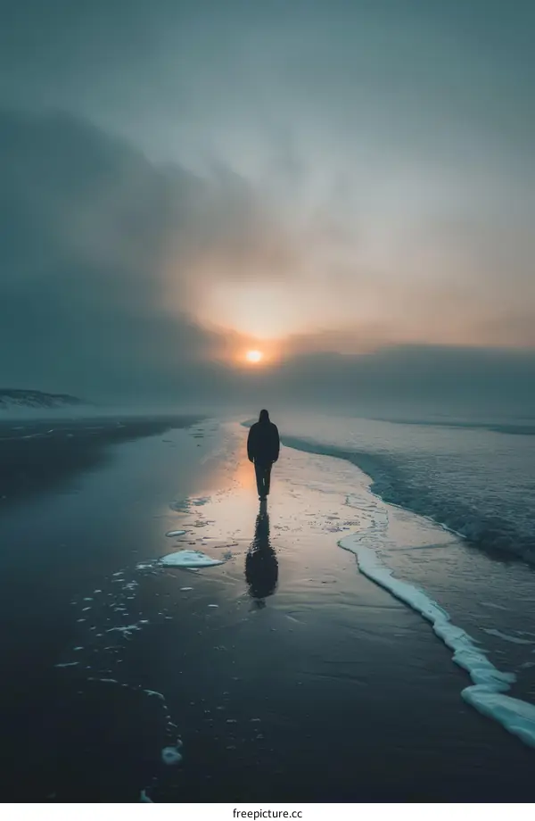 Man walking alone on beach at sunset