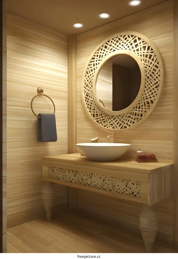 Wooden Bathroom Vanity with Ornate Mirror