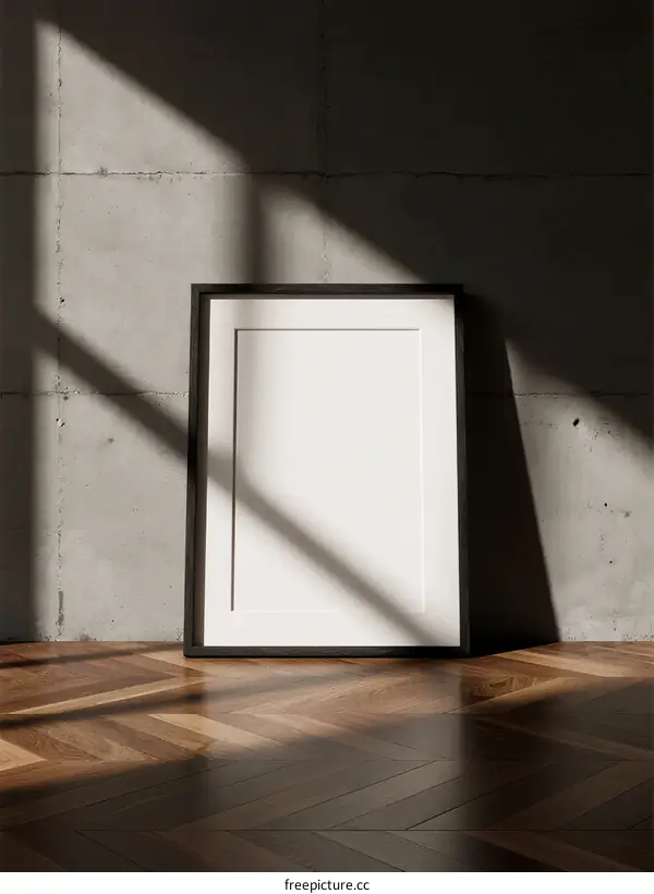 Empty white frame standing on wooden floor near concrete wall