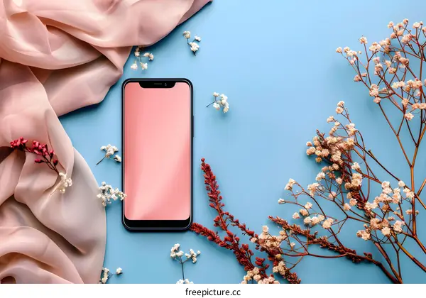 Flat Lay Phone Mockup With Pink Fabric and White Flowers