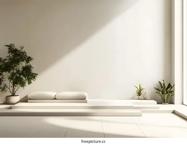 Minimalist Interior Design with White Platform and Plants