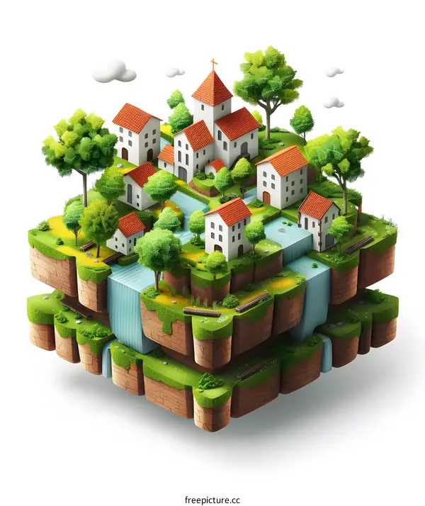 Isometric 3D illustration of a small town