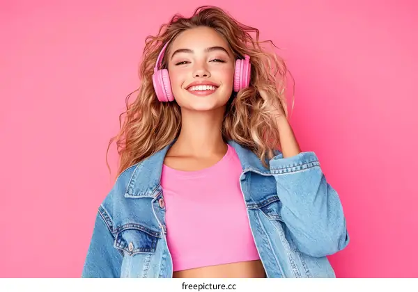 Trendy Girl with Pink Headphones and Denim Jacket