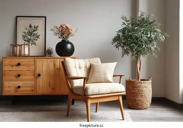 Modern Living Room with Wooden Furniture and Plants