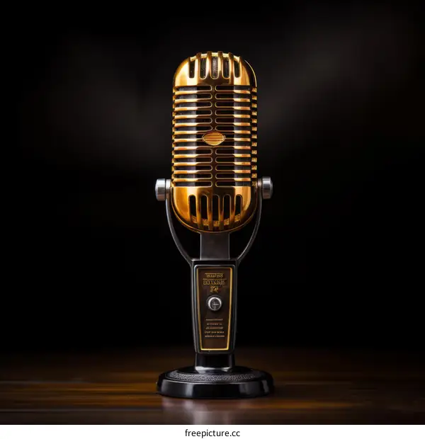 Gold Vintage Microphone on Dark Wood Table with Black Background