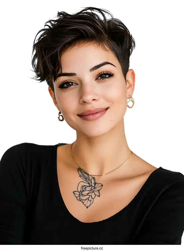 [Transparent Background PNG]Portrait of a Young Woman with Short Hair and a Rose Tattoo