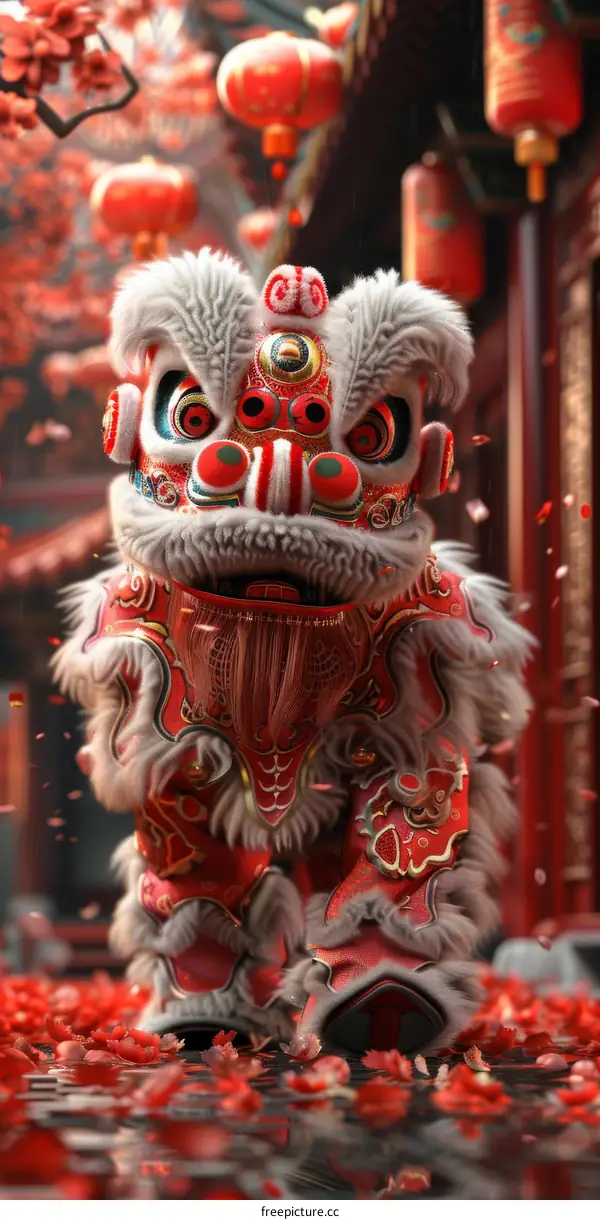 Chinese New Year Lion Dance Performance with Red Lanterns and Cherry Blossoms in a Temple