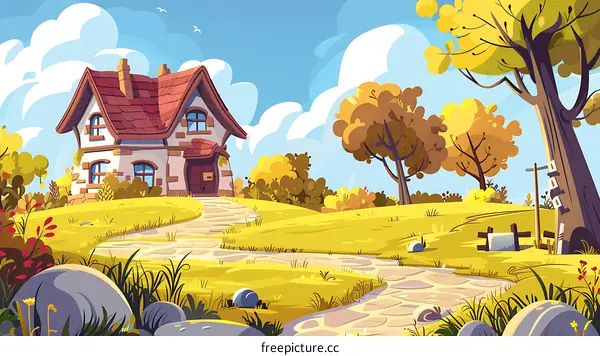 Cartoon Illustration of a House with a Path and Trees