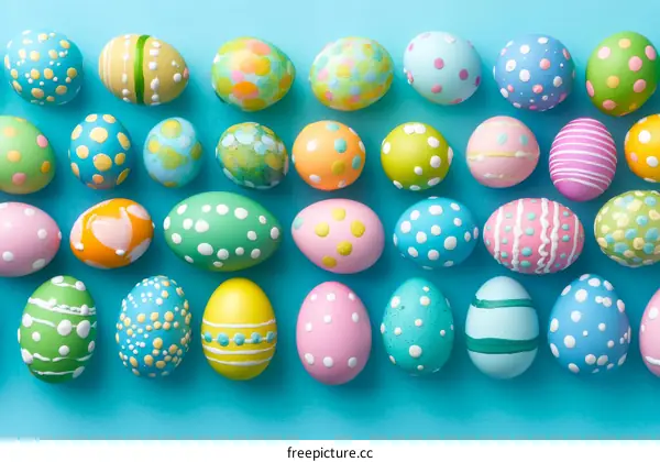Colorful Easter Eggs on a Light Blue Background