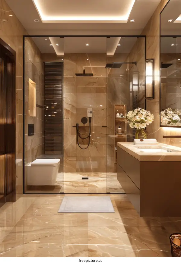 Luxury Modern Bathroom Design with Beige Marble Tiles