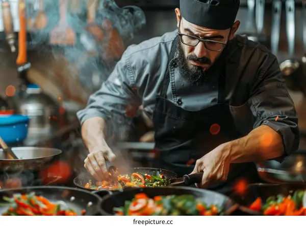 Male chef cooking with fire in the kitchen