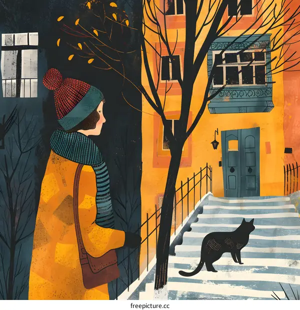 Woman in Yellow Coat Walking by a Building with a Cat on Stairs