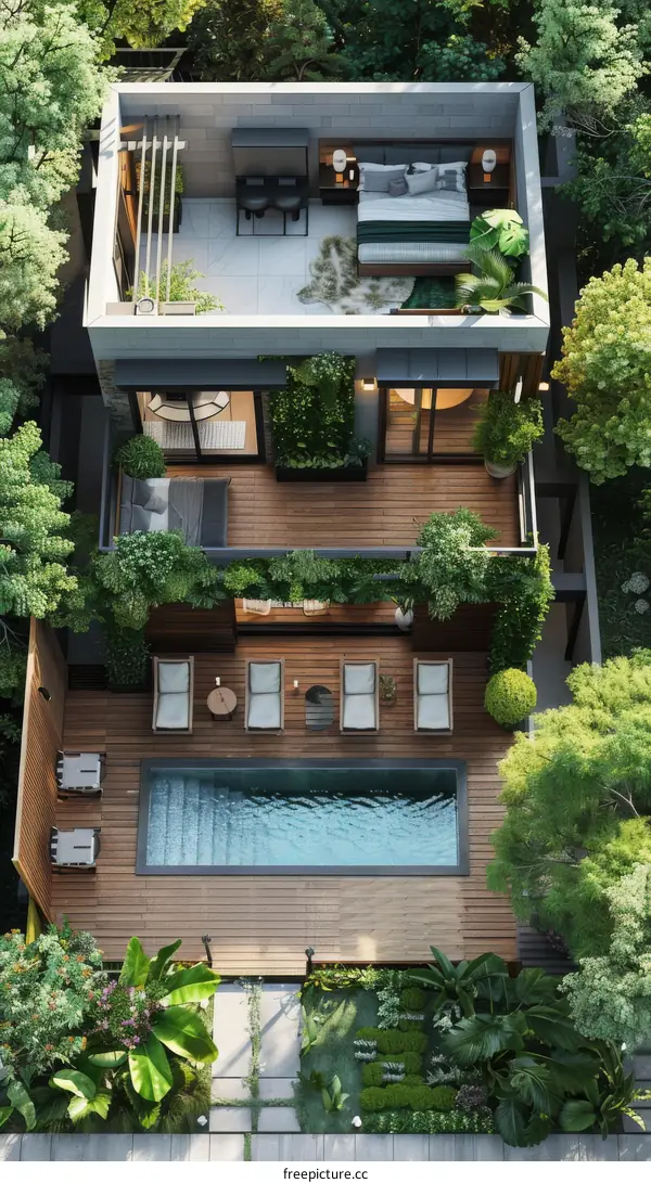 Top Down View of Modern Tropical House with Pool and Garden