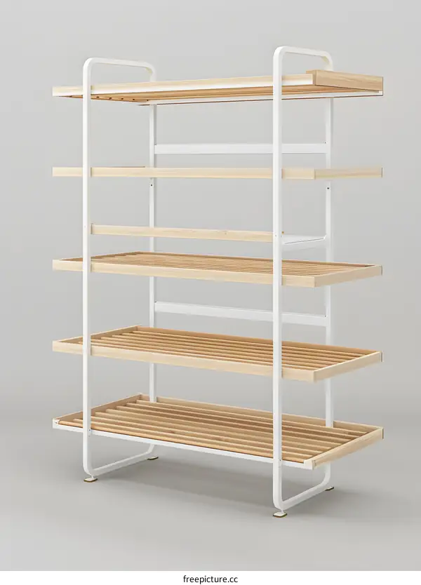 White Metal Shoe Rack with Wooden Shelves