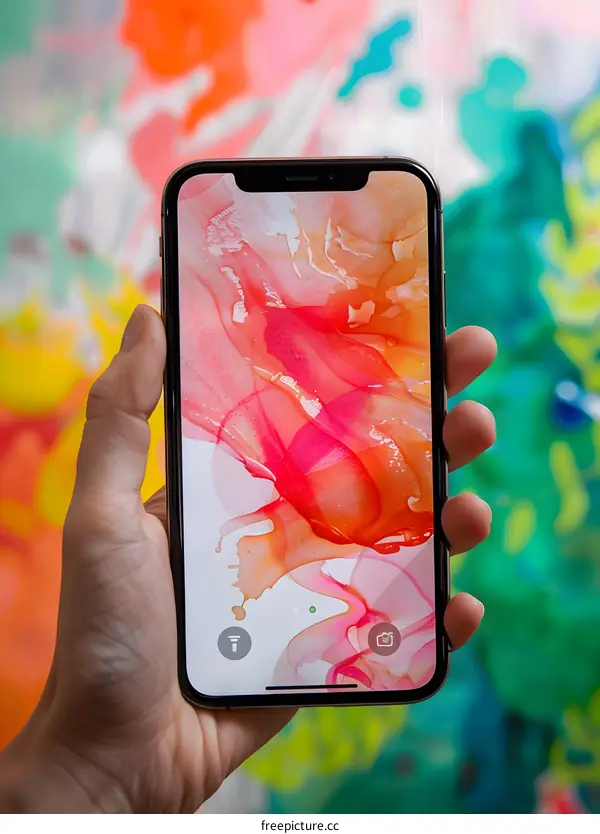 Hand Holding Smartphone with Abstract Artwork