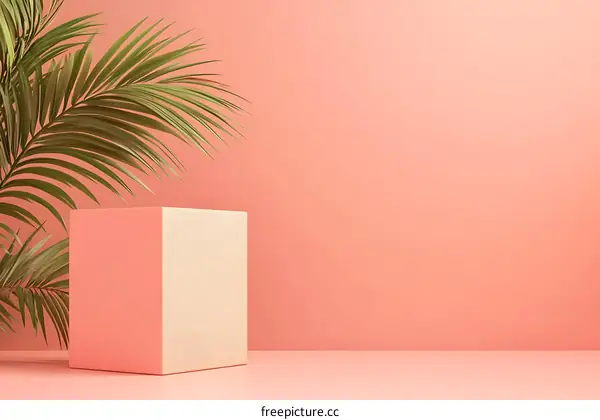 Pink Background with Palm Leaf and Cube