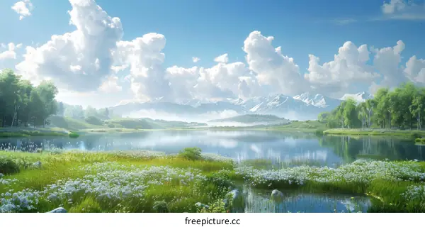 Serene Mountain Lake Landscape Illustration