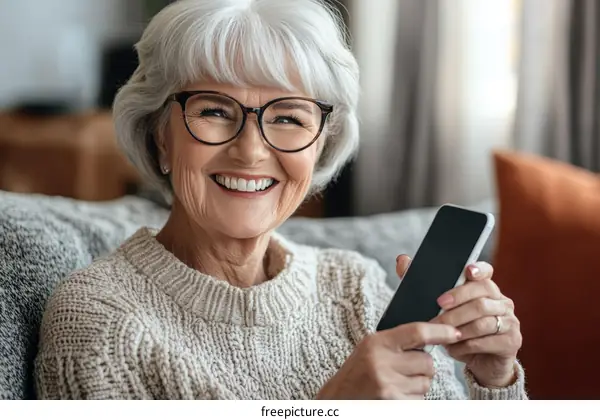 Happy Senior Woman Using Smartphone at Home