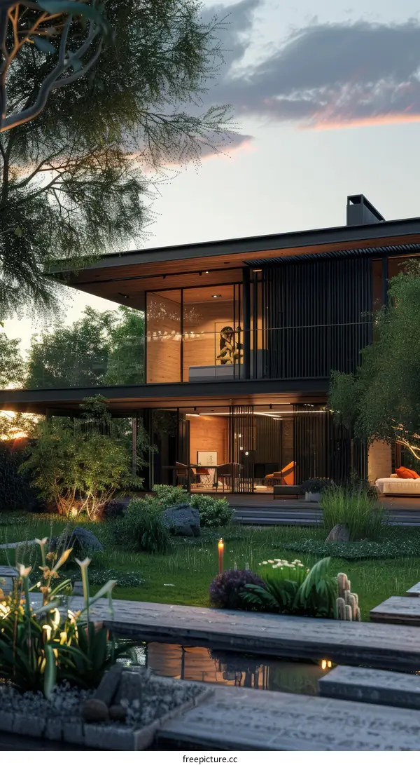 Modern House Exterior Design with Swimming Pool and Garden Landscaping