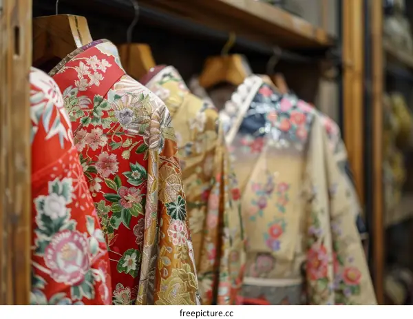A rack of traditional Japanese kimono with floral patterns