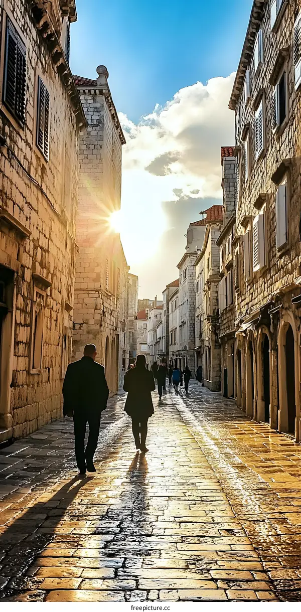 Stone Street in City with Sunset