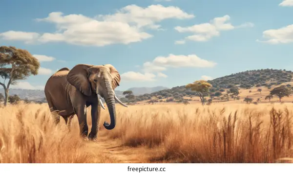Elephant walking through the tall grass savanna