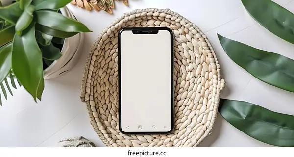 White Screen Smartphone on Woven Basket with Green Plants