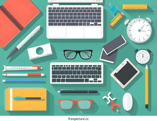 Flat Design Illustration of Office Desk with Laptop, Keyboard and Other Supplies