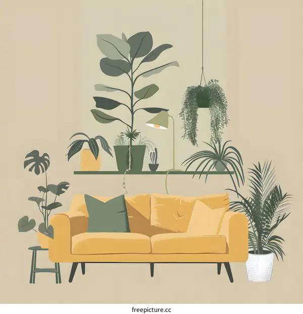 Living Room Interior Design with Yellow Sofa and Plants